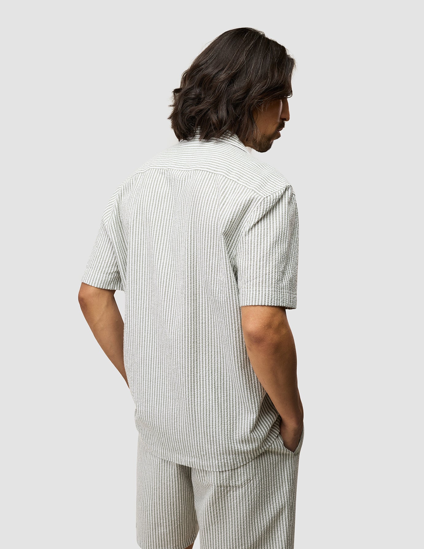 Seersucker Short Sleeve Shirt Green Stripes